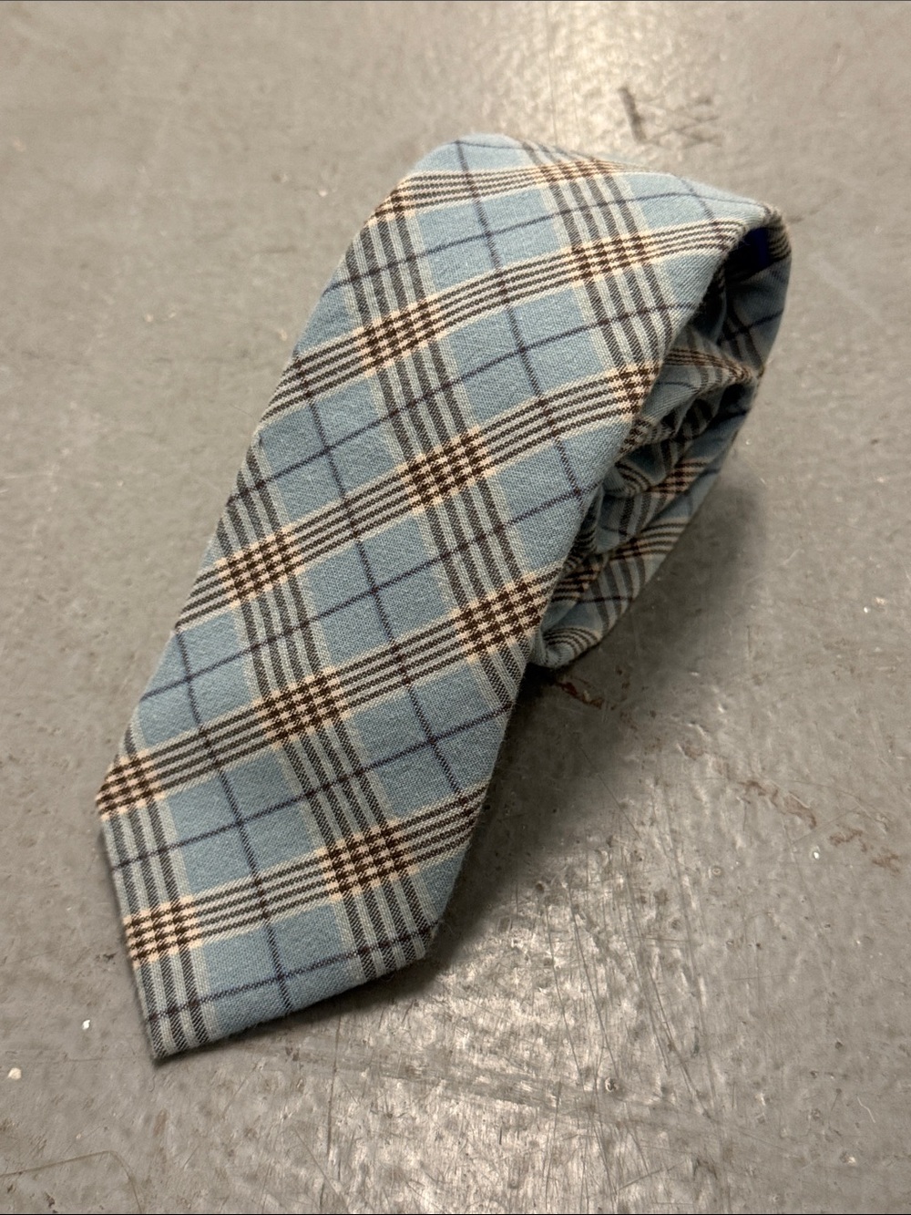 Egara Light Blue 100% Cotton Plaid Tie with Gray and Brown Accents